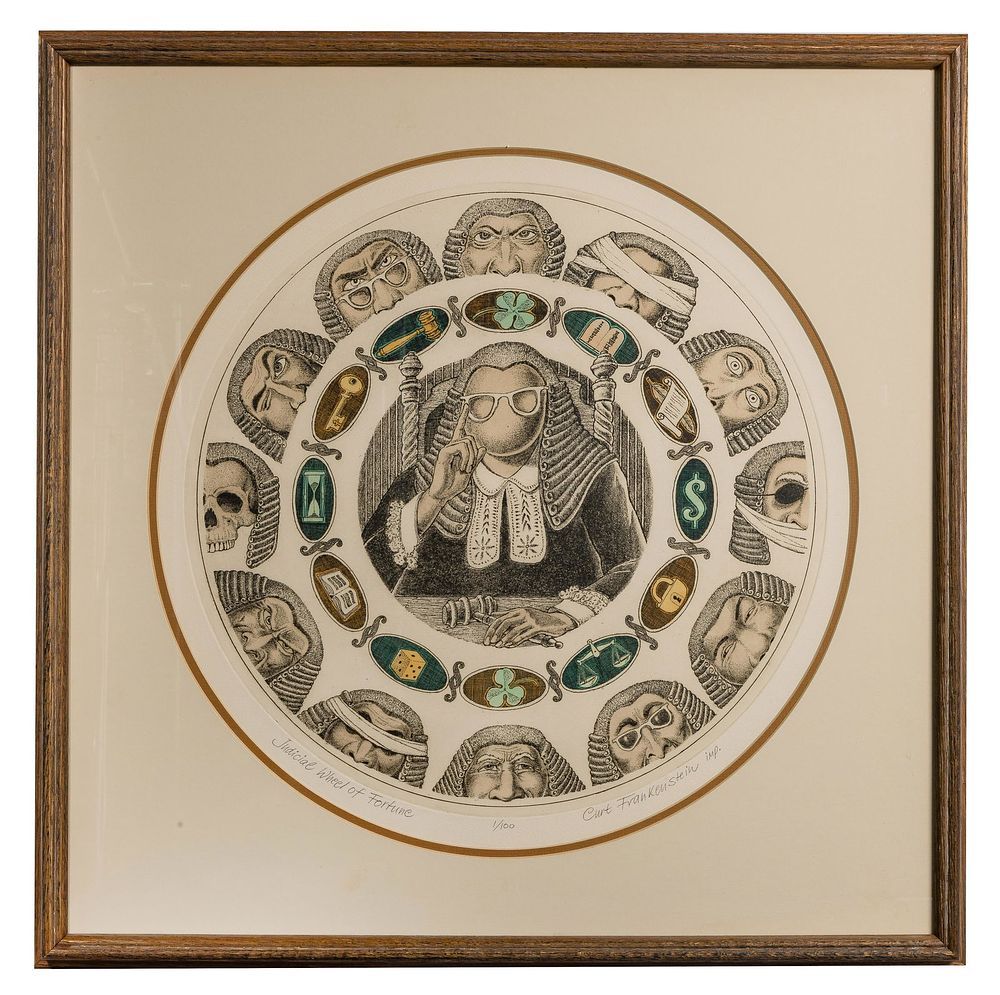 Lot 238: Curt Frankenstein (American, 1920-2009) 'Judicial Wheel of Fortune' Etching
