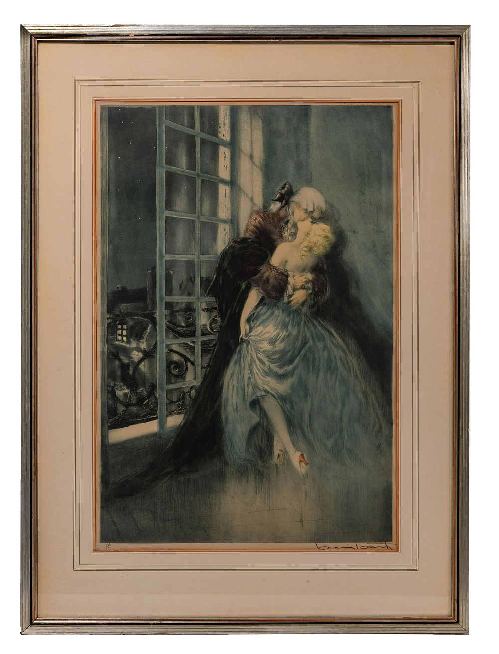 Lot 248: Louis Icart (French, 1888-1950) 'The Lovers' Etching and Aquatint