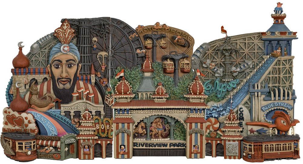 Lot 273: Alice 'Zani' Jacobsen (American, 20th Century) 'Riverview Amusement Park' Plaster Relief Triptych