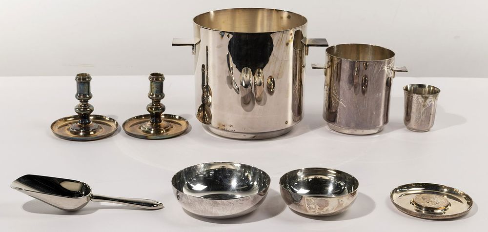 Lot 323: Christofle Silverplate Ice Bucket and Tableware Assortment
