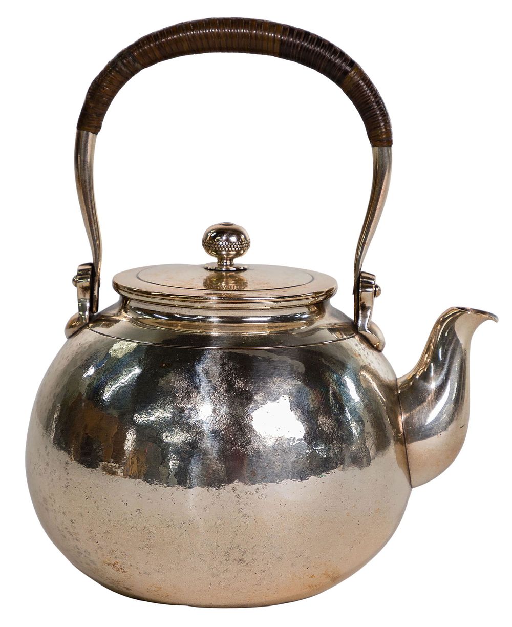 Lot 332: Japanese Silver Hammered Bamboo Teapot