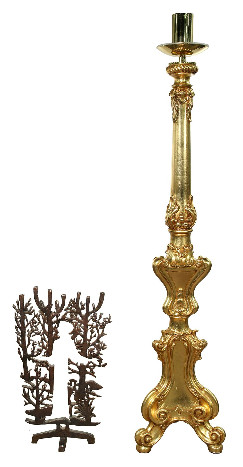Lot 374: Religious Metal and Gilt Wood Candleholders