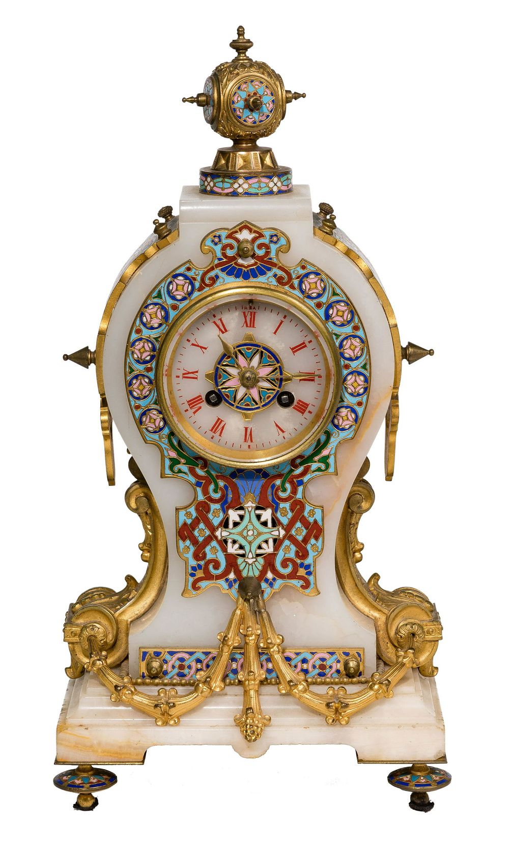 Lot 475: Achiele Brocot Champleve Enamel and Onyx Mantel Clock