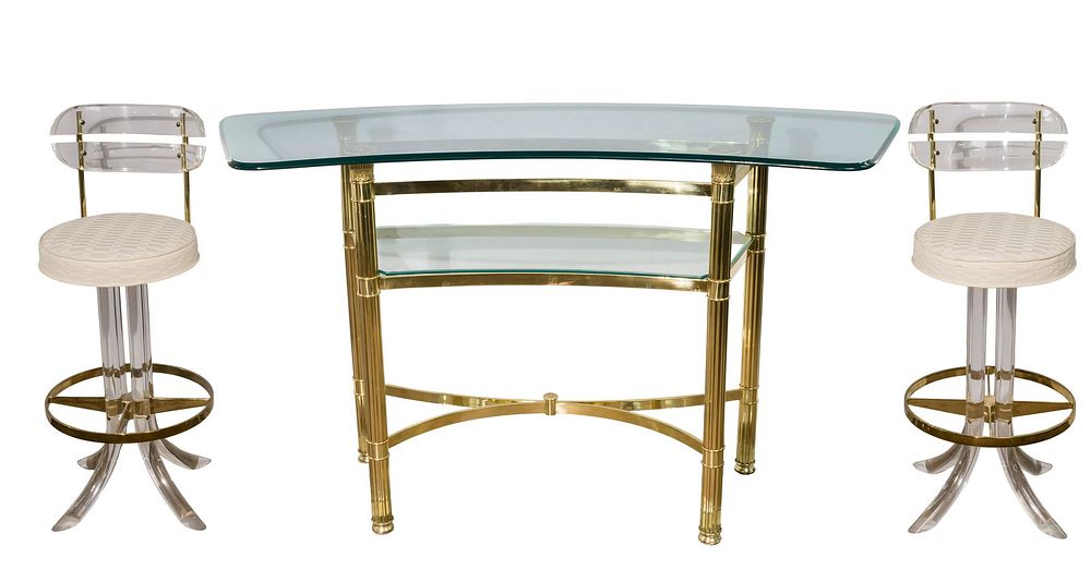 Lot 527: Lucite Bar Stools by Hill Mfg. and Contemporary Glass Bar