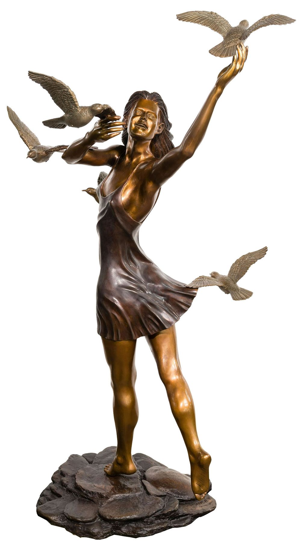 Lot 179: Richard Hallier (American, 1944-2010) 'Girl with Doves' Bronze Statue