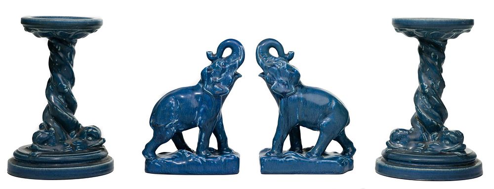 Lot 319: Rookwood Candlesticks and Elephant Figurines