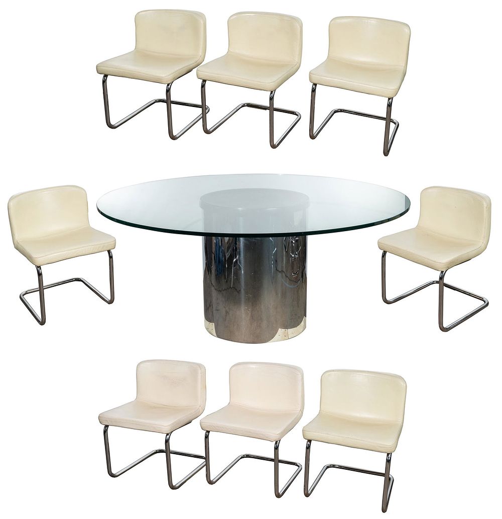 Lot 426: MCM Chrome and Glass Table and Leather Chairs