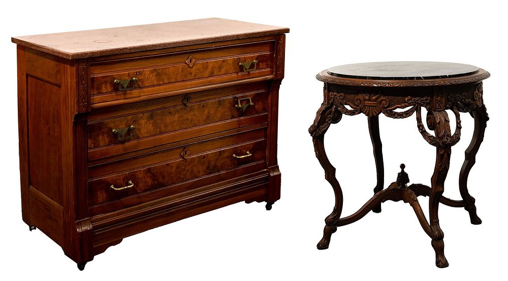 Lot 445: Marble Top Table and Dresser