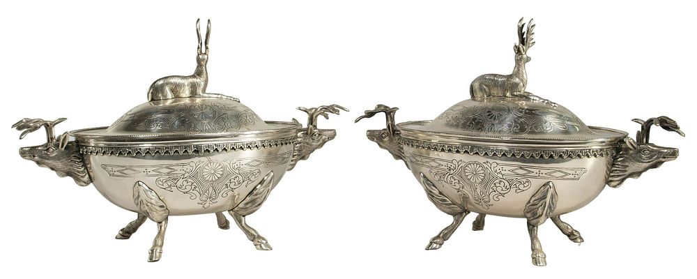 Lot 259: Victorian Aesthetic Movement Style Silverplate Lidded Tureens