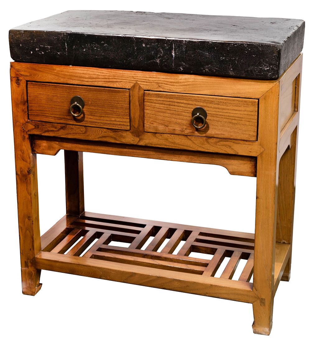 Lot 263: Asian Style Stone and Elm Side Table