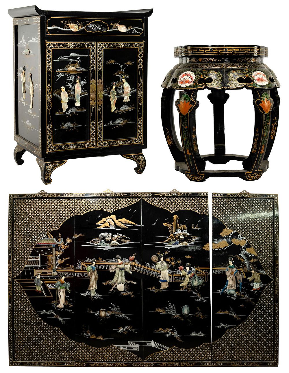 Lot 265: Asian Black Lacquer Furniture Assortment