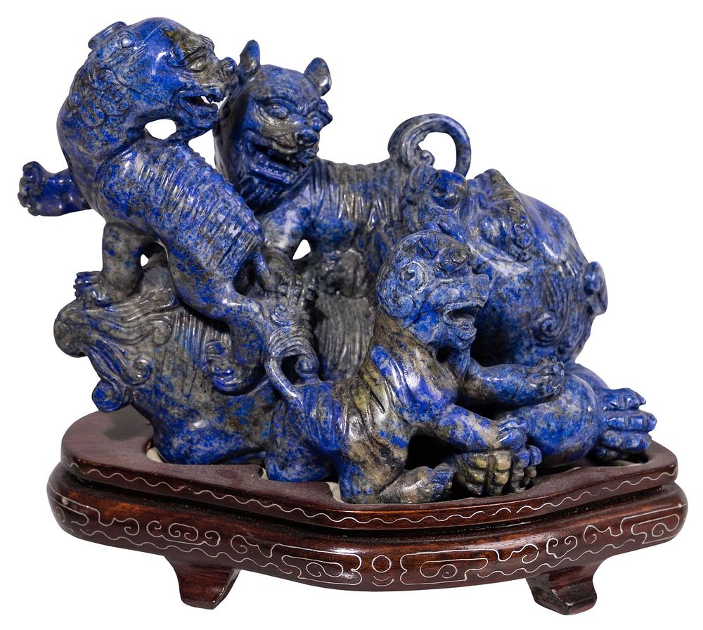 Lot 277: Asian Carved Lapis Lazuli Foo Dog Family Sculpture