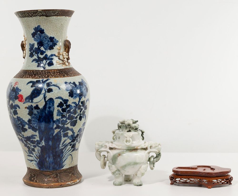 Lot 310: Chinese Jadeite Jade Vessel and Guan Ware Vase