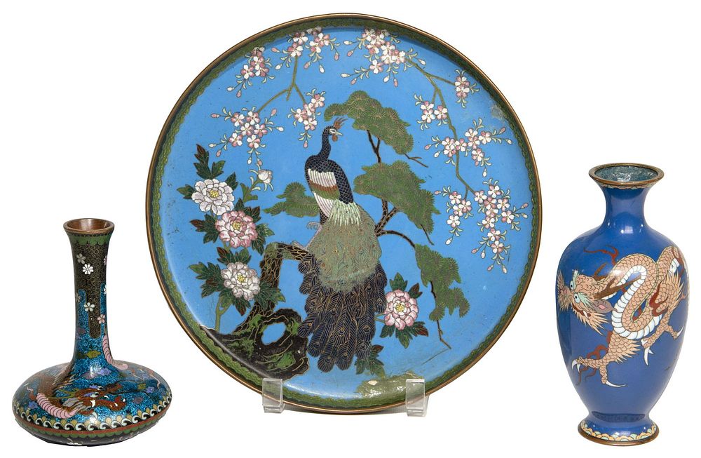 Lot 327: Japanese Style Cloisonne Vase and Tray Assortment