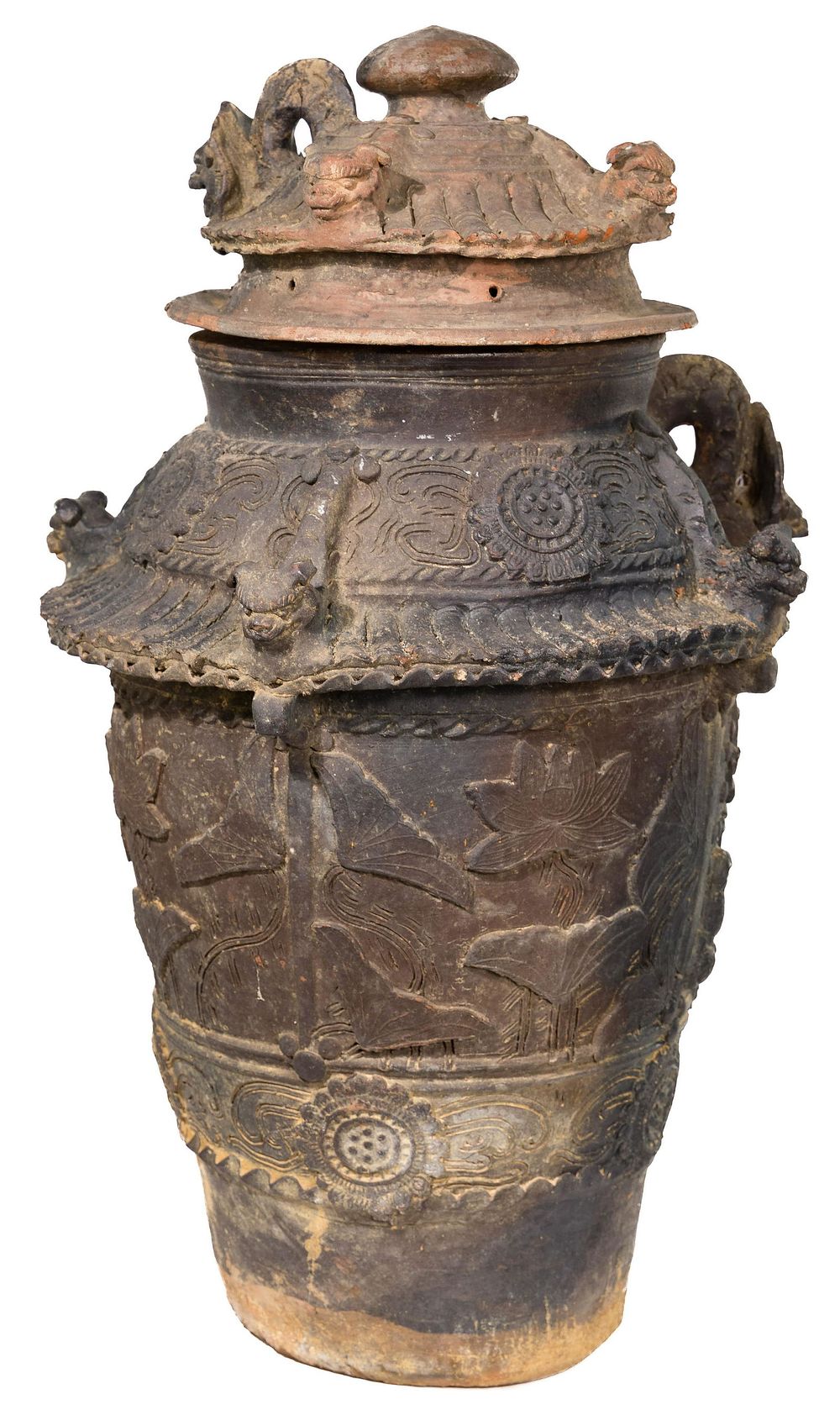 Lot 328: Japanese Tsuboya Ware Ceramic Blackware Cinerary Urn