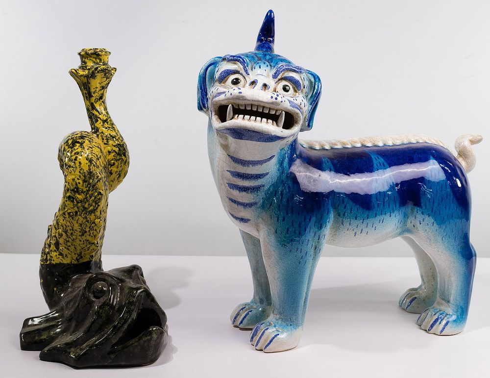 Lot 338: Asian Ceramic Foo Dog and Clay Fish