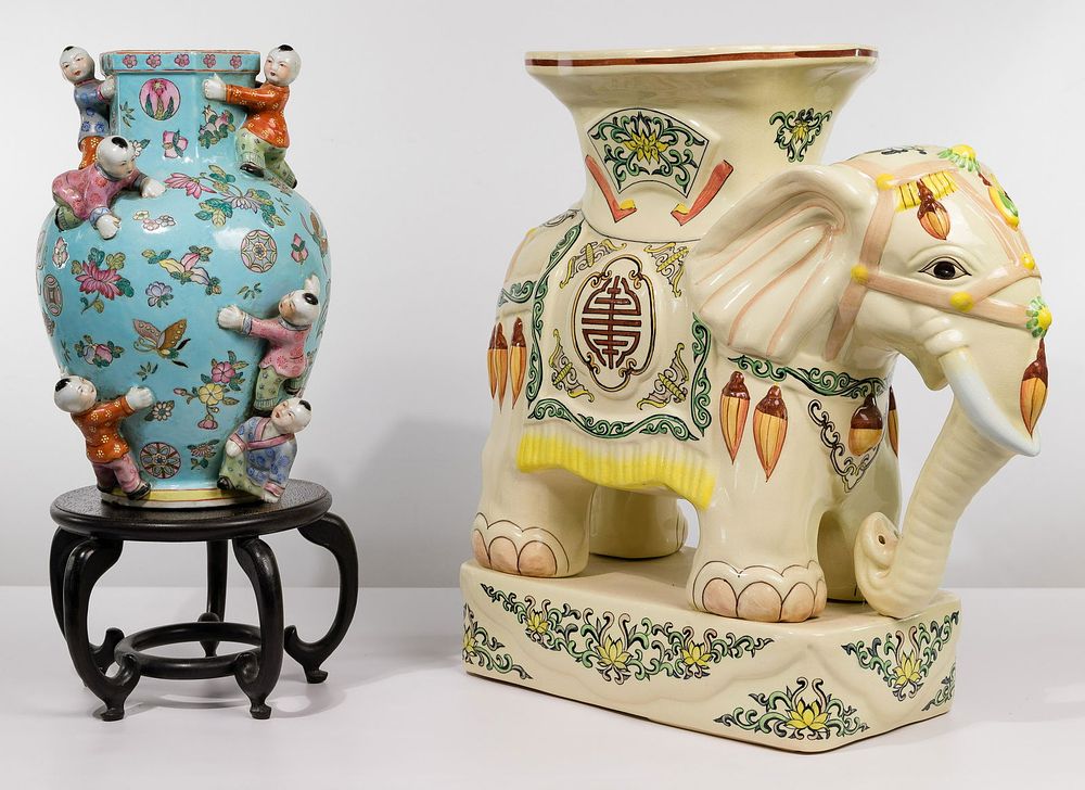 Lot 339: Asian Elephant Stand and 6-Boy Vase