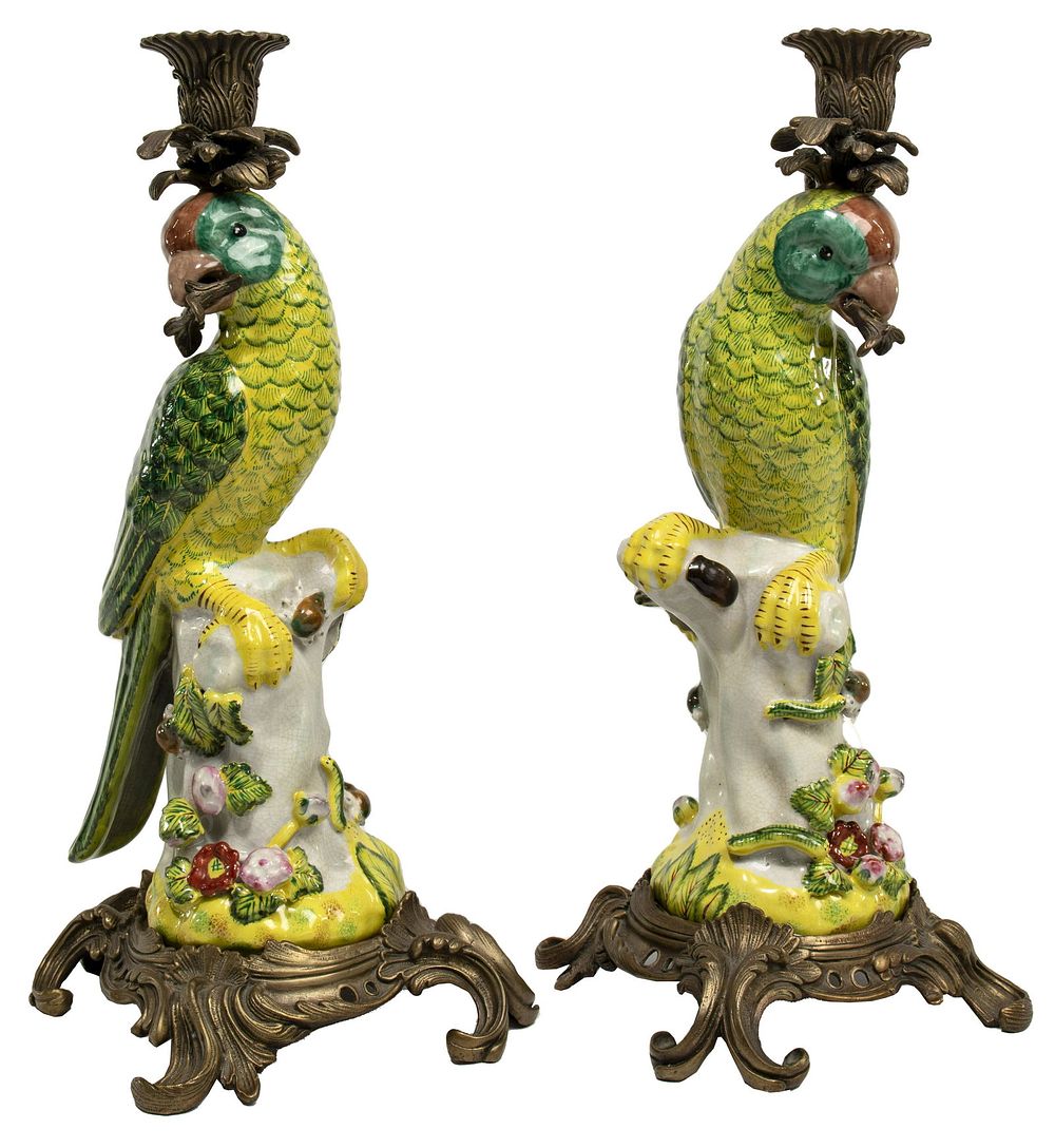 Lot 464: Ceramic and Brass Parrot Candlesticks