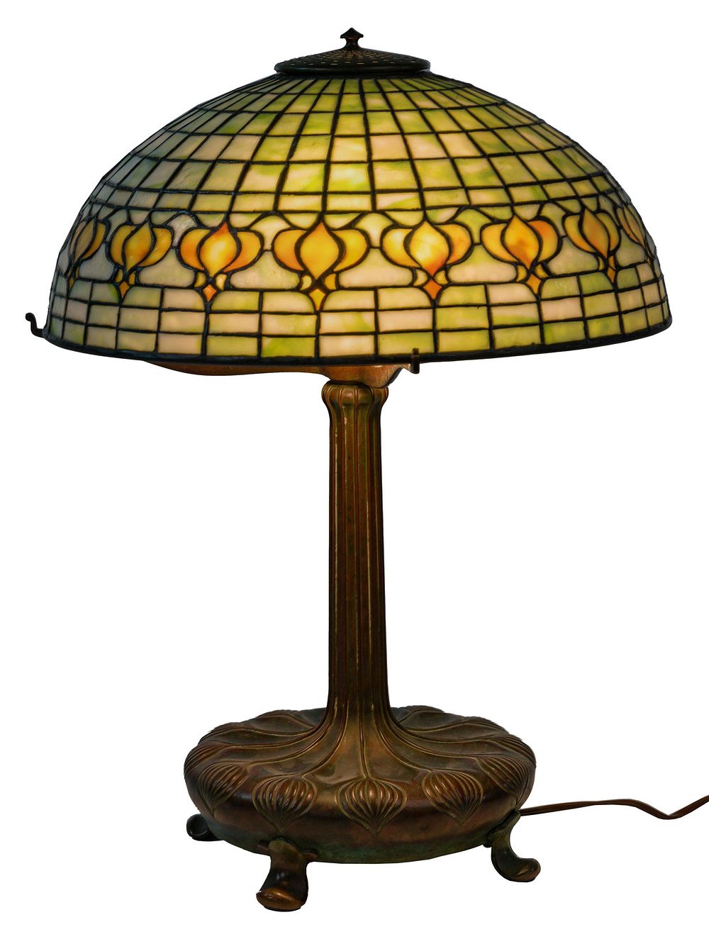 Lot 481: Tiffany Studios Patinated Bronze Base with Leaded Glass Pomegranate Shade