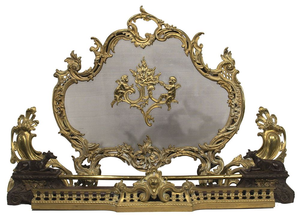 Lot 504: Ormolu Fire Screen, Fender and Andiron Set