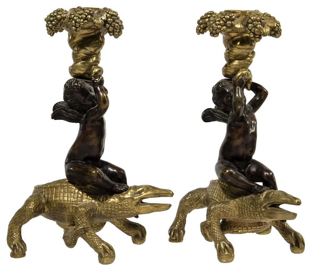 Lot 505: Patinated Bronze / Brass Cherub and Alligator Candlesticks