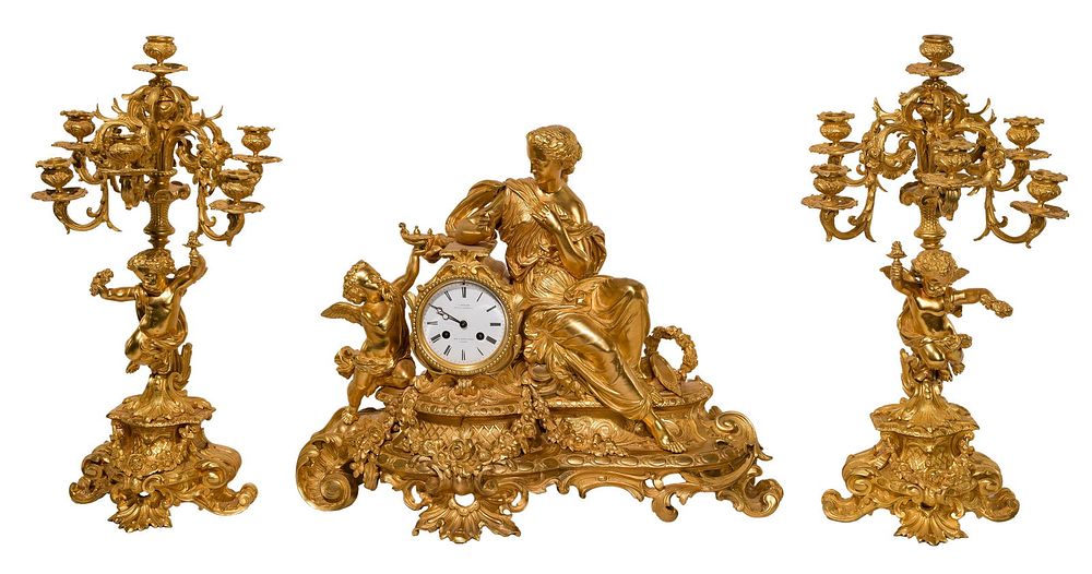 Lot 547: C. Detouche Gilt Bronze Clock and Garnitures
