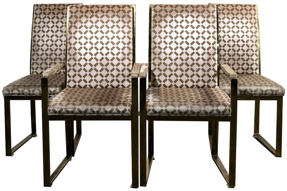 Lot 607: MCM Gold-tone Metal Upholstered Chair Collection