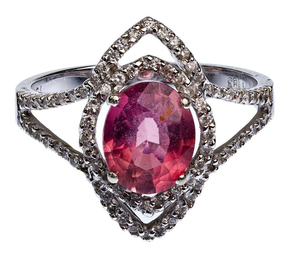 Lot 364: 18k White Gold, Pink Spinel and Diamond Ring