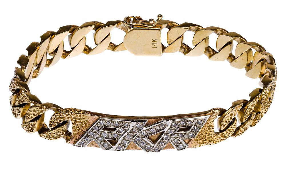 Lot 375: 14k Yellow Gold and Diamond Identification Bracelet
