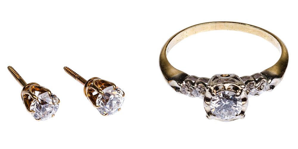 Lot 382: 14k Gold and Diamond Ring and Pierced Earrings