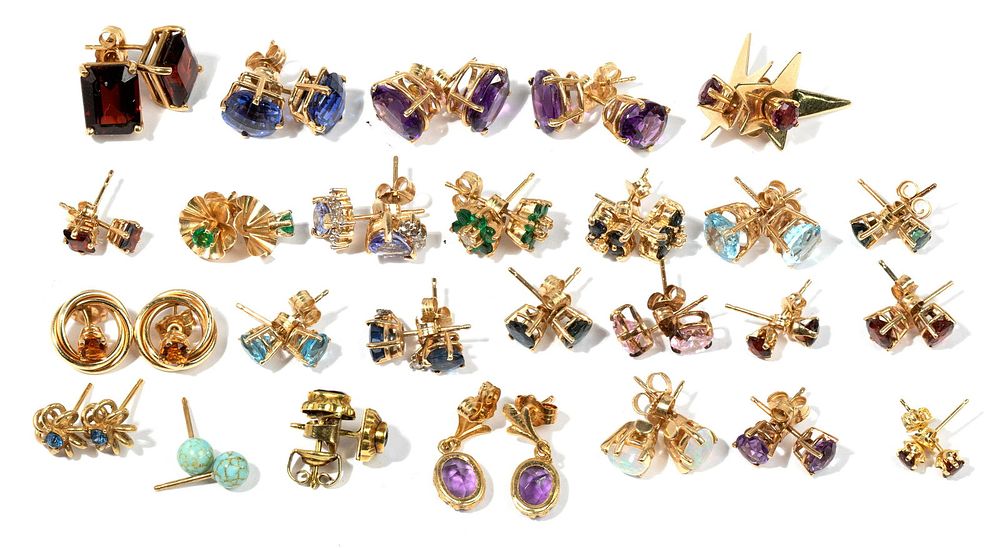 Lot 387: 14k Yellow Gold and Gemstone Pierced Earring Assortment