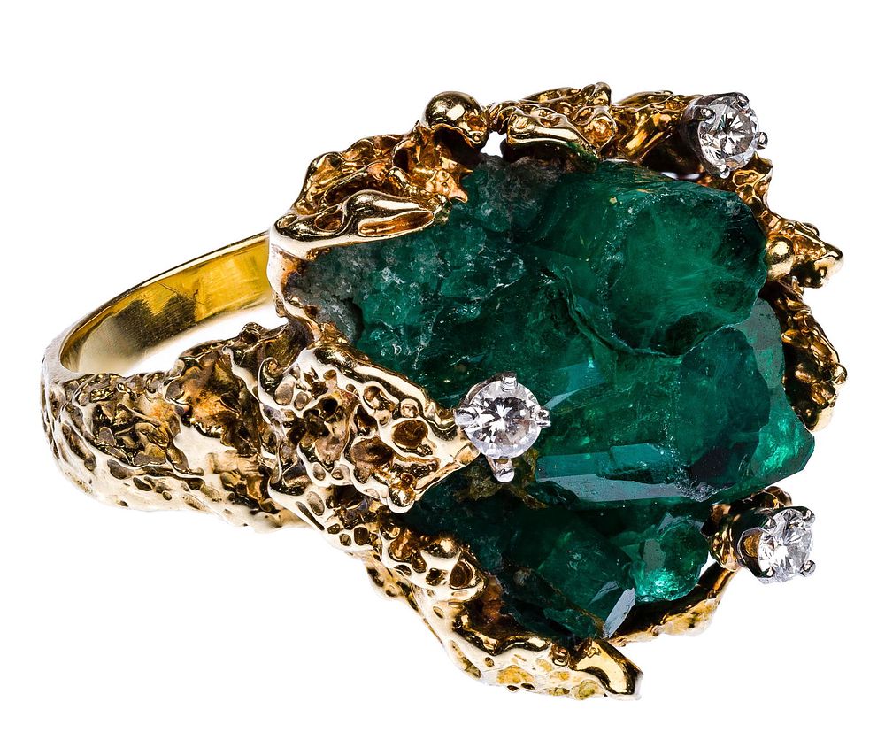 Lot 405: 14k Yellow Gold, Emerald and Diamond Ring