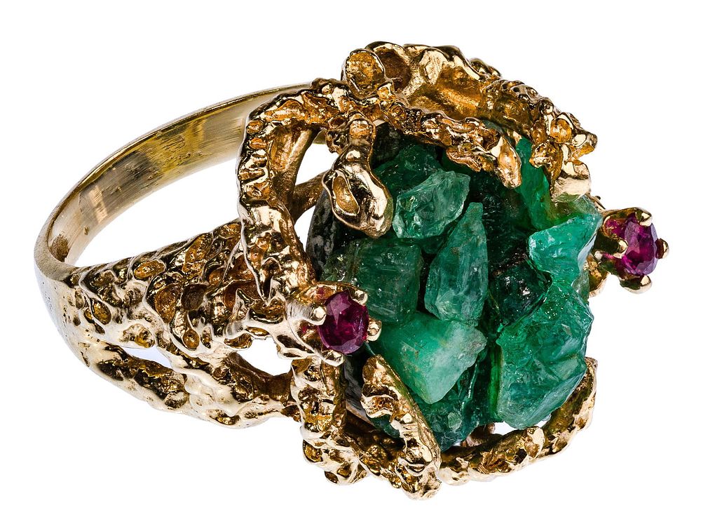 Lot 410: 14k Yellow Gold, Ruby and Jadeite Jade Ring