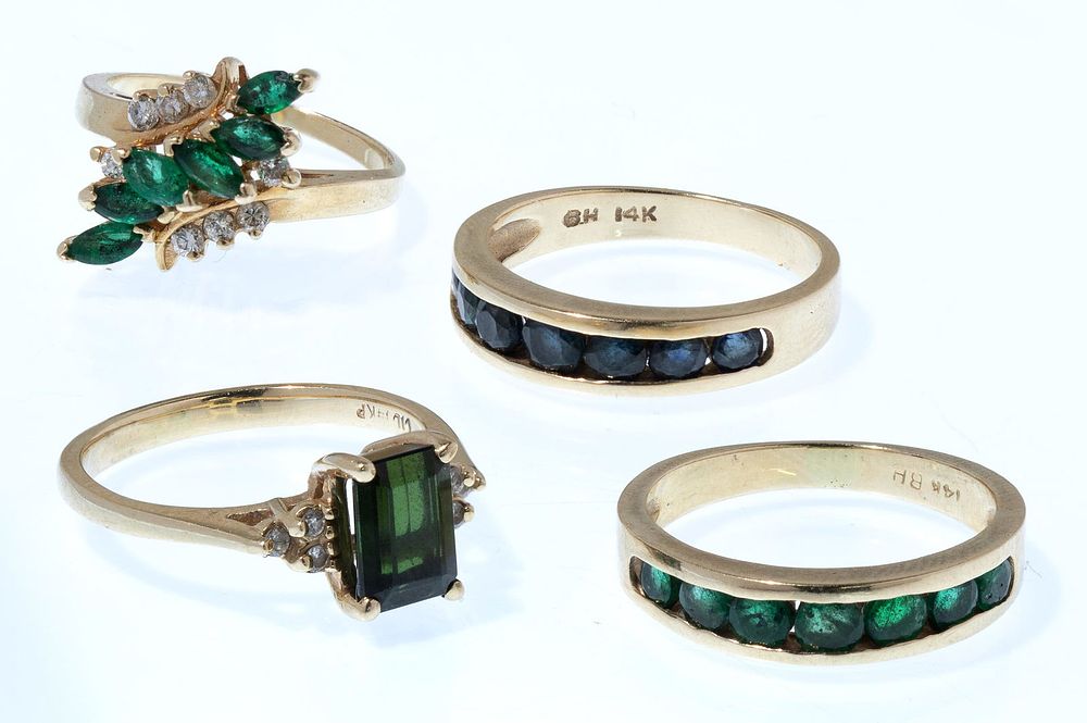 Lot 420: 14k Yellow Gold, Emerald and Diamond Ring Assortment