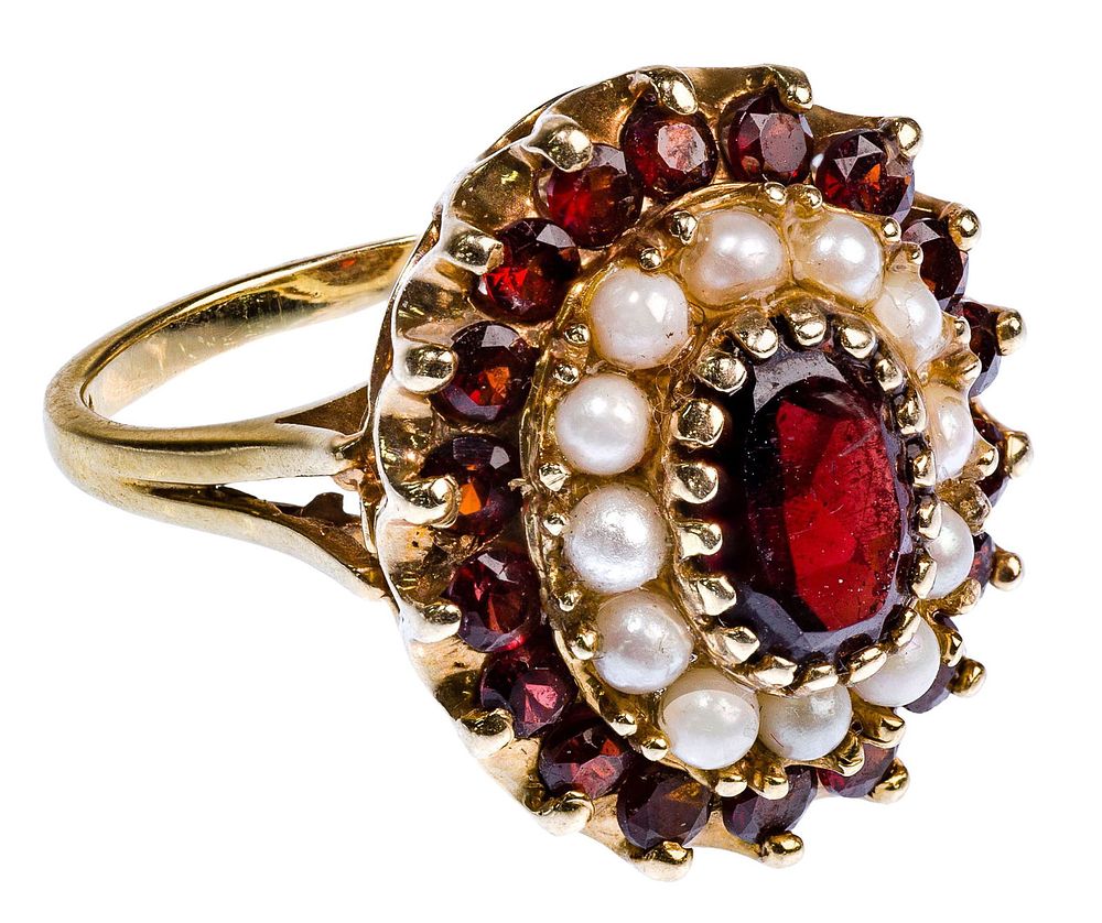 Lot 421: Siffari 14k Yellow Gold, Pearl and Garnet Ring