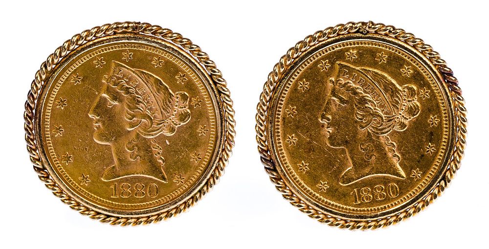 Lot 466: 1880 $5 Gold Coins in 14k Gold Cufflink Set
