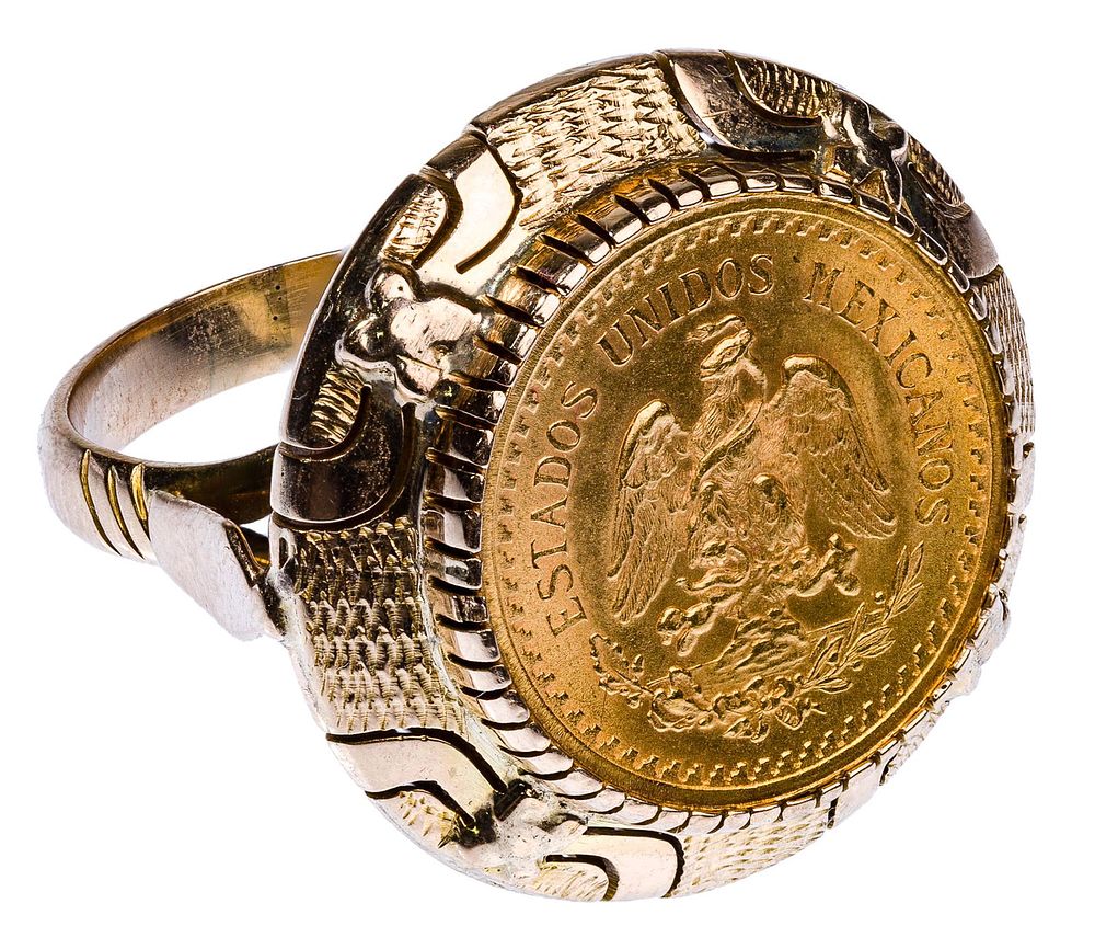 Lot 470: Mexican 1945 Dos Peso Gold Coin in 14k Gold Ring