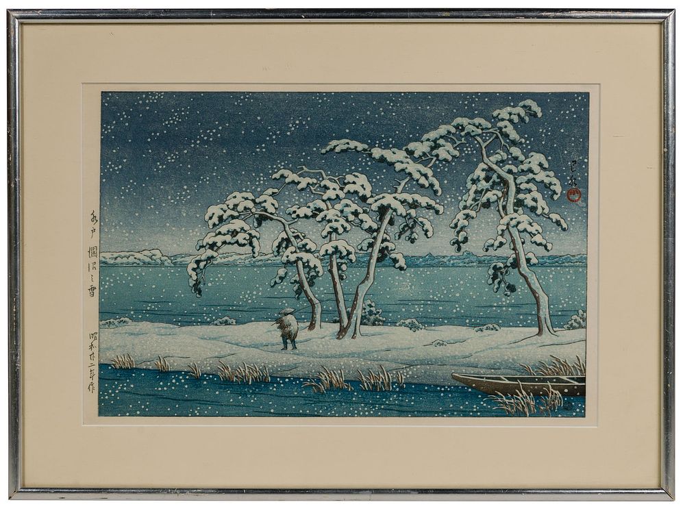 Lot 257: Kawase Hasui (Japanese, 1883-1957) 'Snow at Hinuma