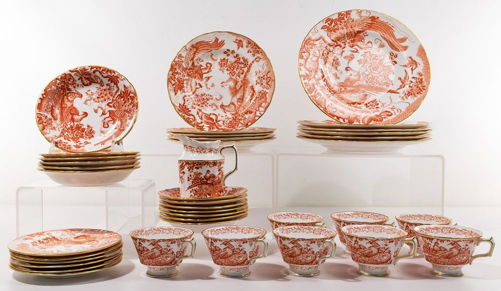 Lot 367: Royal Crown Derby 'Red Aves' Bone China Partial Dinner