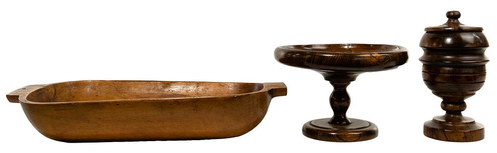 Lot 434: Wood Compote, Turned Treen Jar and Dough Bowl