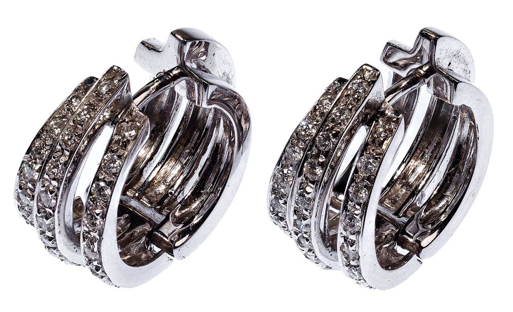 Lot 489: 18k White Gold and Diamond Triple Hoop Pierced Earrings