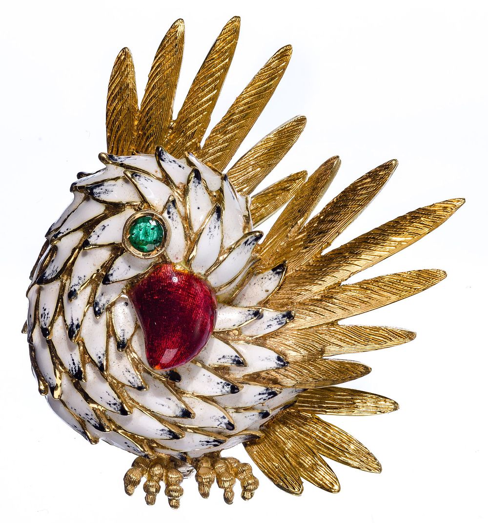 Lot 508: 18k Yellow Gold, Enamel and Emerald Bird Brooch