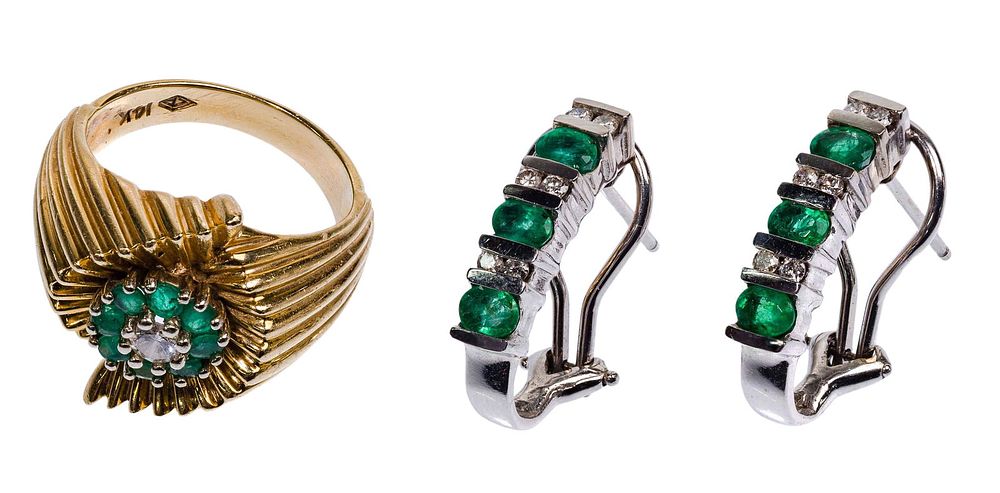 Lot 519: 14k Gold, Emerald and Diamond Earrings and Ring