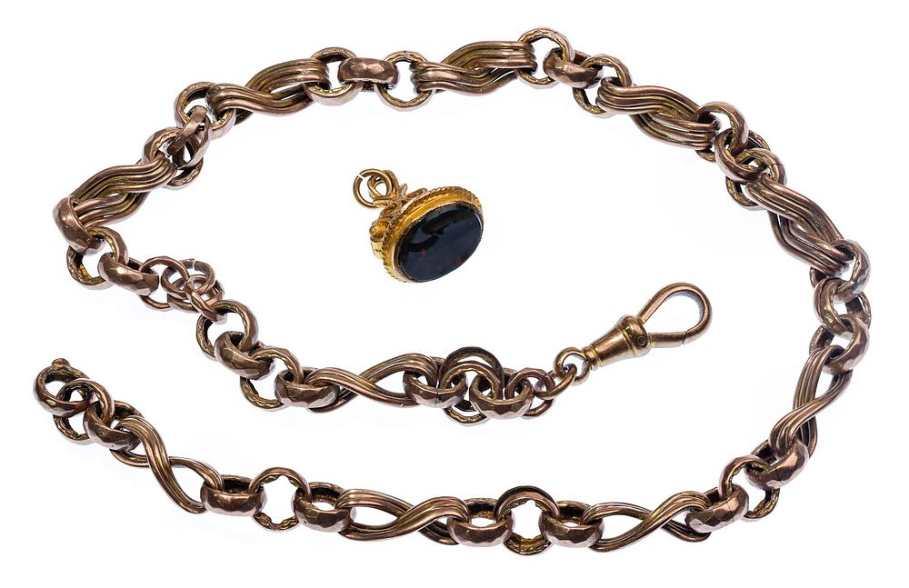 Lot 547: 9k Pocket Watch Chain and Fob
