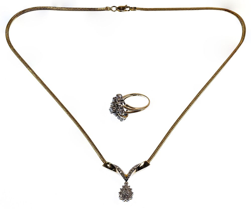 Lot 436: 14k Yellow Gold and Diamond Necklace and Ring
