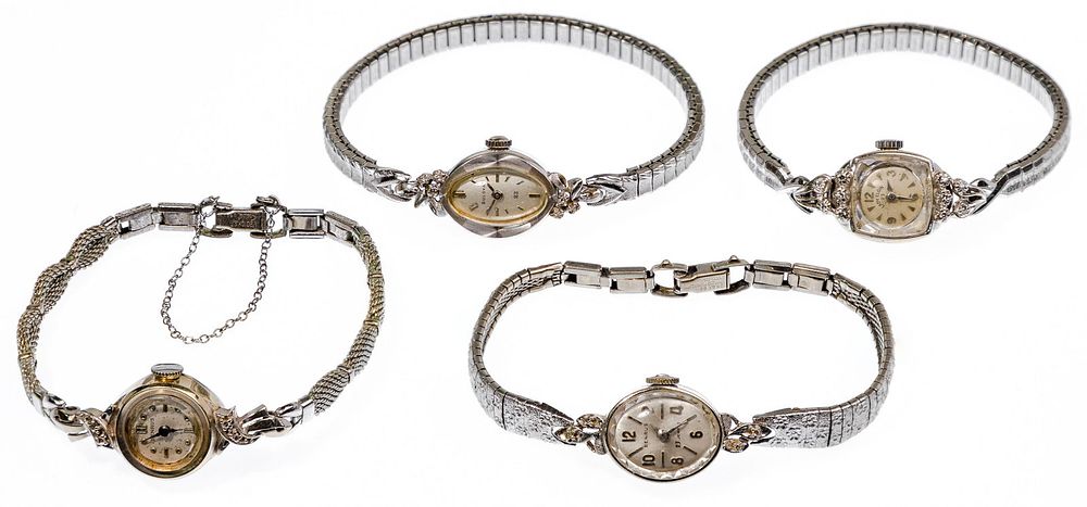 Lot 495: 14k White Gold and Diamond Case Wrist Watch Assortment