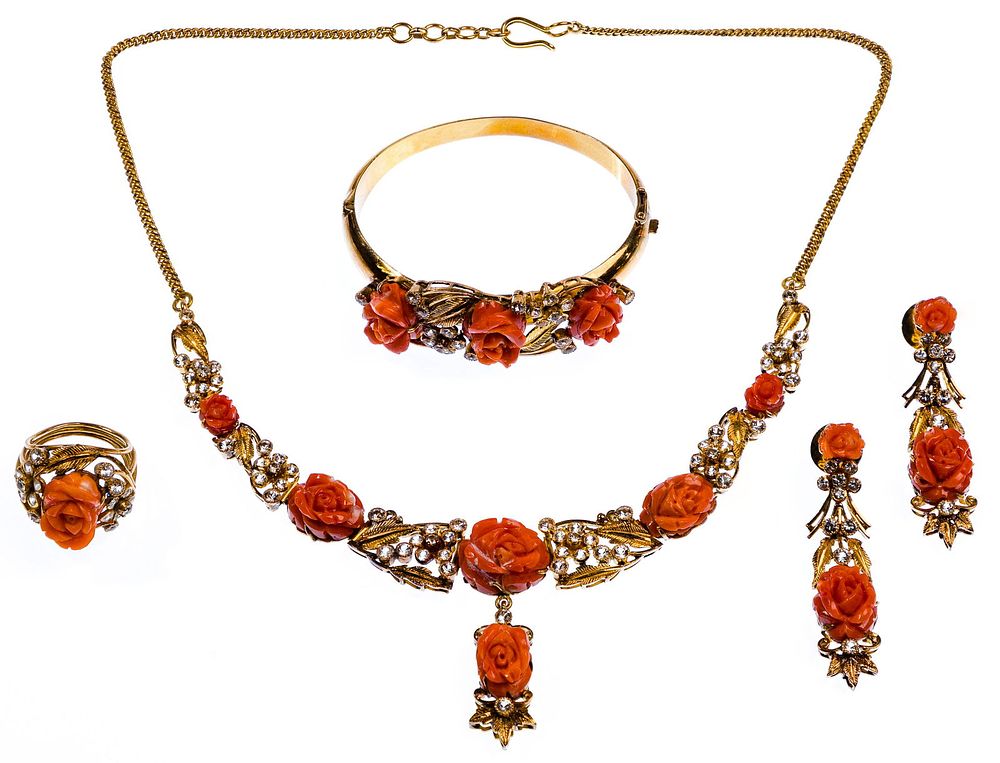 Lot 257: 20k Gold, Carved Coral and White Sapphire Jewelry