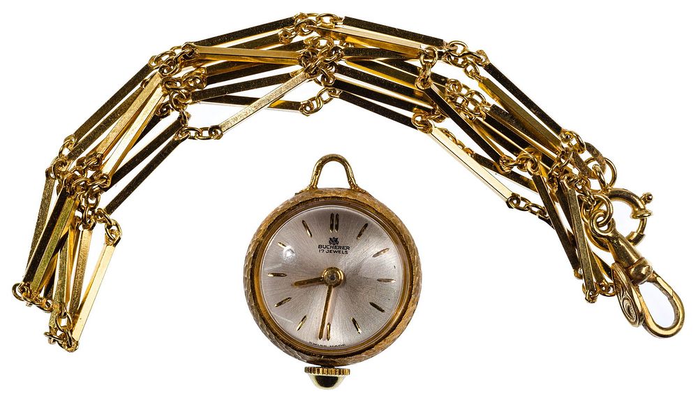 Lot 306: Bucherer 18k Yellow Gold Pendant Watch and Necklace