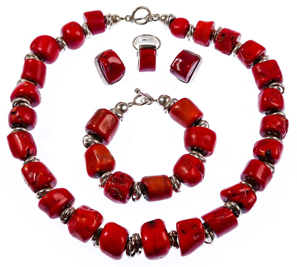 Lot 346: Sterling Silver and Chunk Red Coral Jewelry Suite