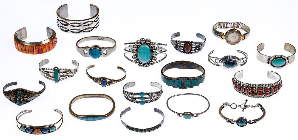 Lot 350: Sterling Silver and Stone Cuff and Bangle Bracelet